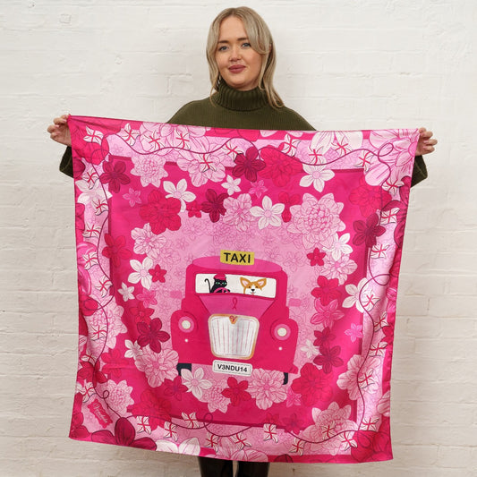 Vendula X Pink Ribbon Foundation - London Cats & Corgis Floral Large Satin Square Scarf - Preorder arriving end of November